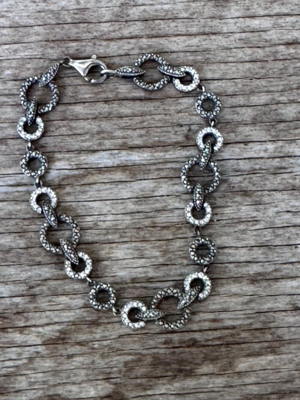 Sterling Silver Link Bracelet 925 Marcasite Style Circle Link Lobster Clasp 7” 1